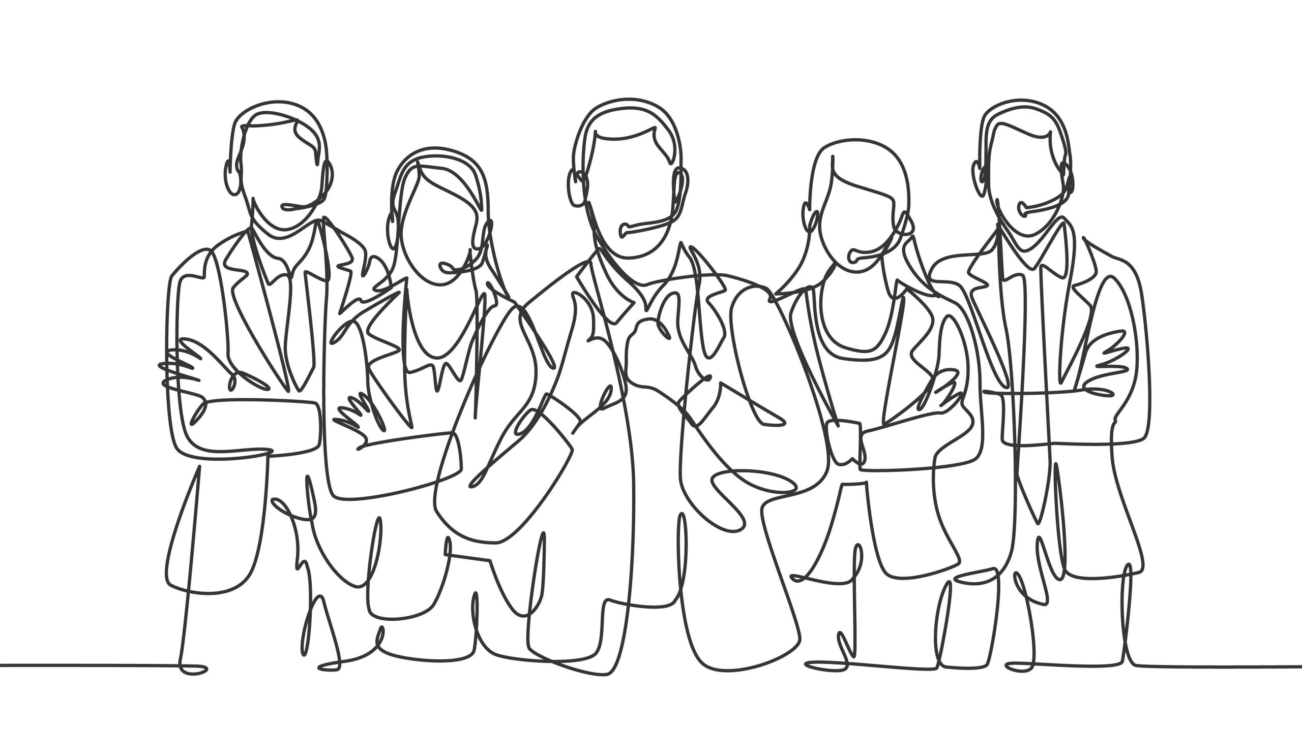 A dynamic blend of personalized messages with carefully selected music can significantly enrich the customer’s waiting experience - single line illustration of customer service team wearing headsets and giving thumbs up
