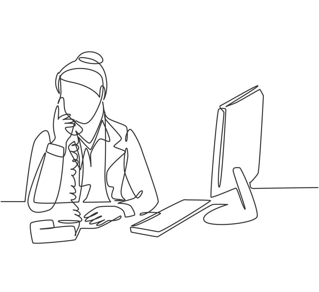 Single line illustration of woman at computer desk talking on office phone - A dynamic blend of personalized messages with carefully selected music can significantly enrich the customer’s waiting experience