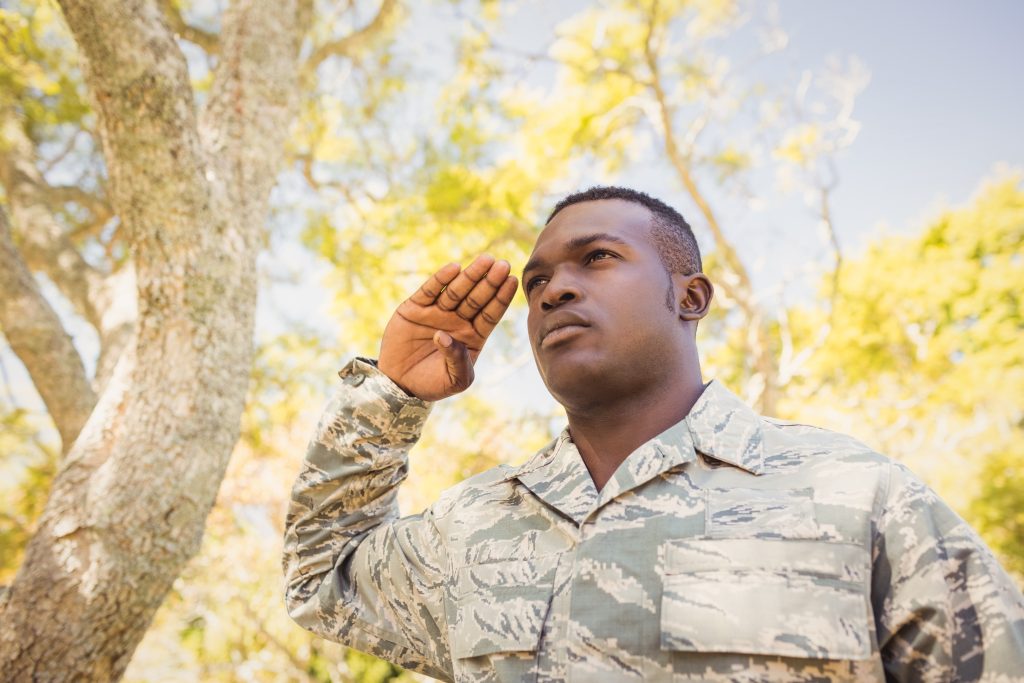 Proud soldier at attention, saluting; against a background of autumn trees - Veterans Day concept