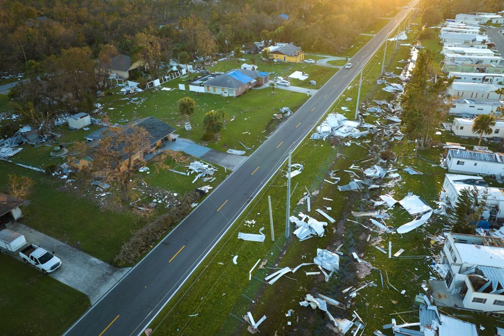 Severely damaged by hurricane Ian houses in Florida mobile home residential area. Consequences of natural disaster - How your business responds during a crisis is what people remember. Customized professional audio lets you project confidence, professionalism, and empathy—without requiring direct agent contact.